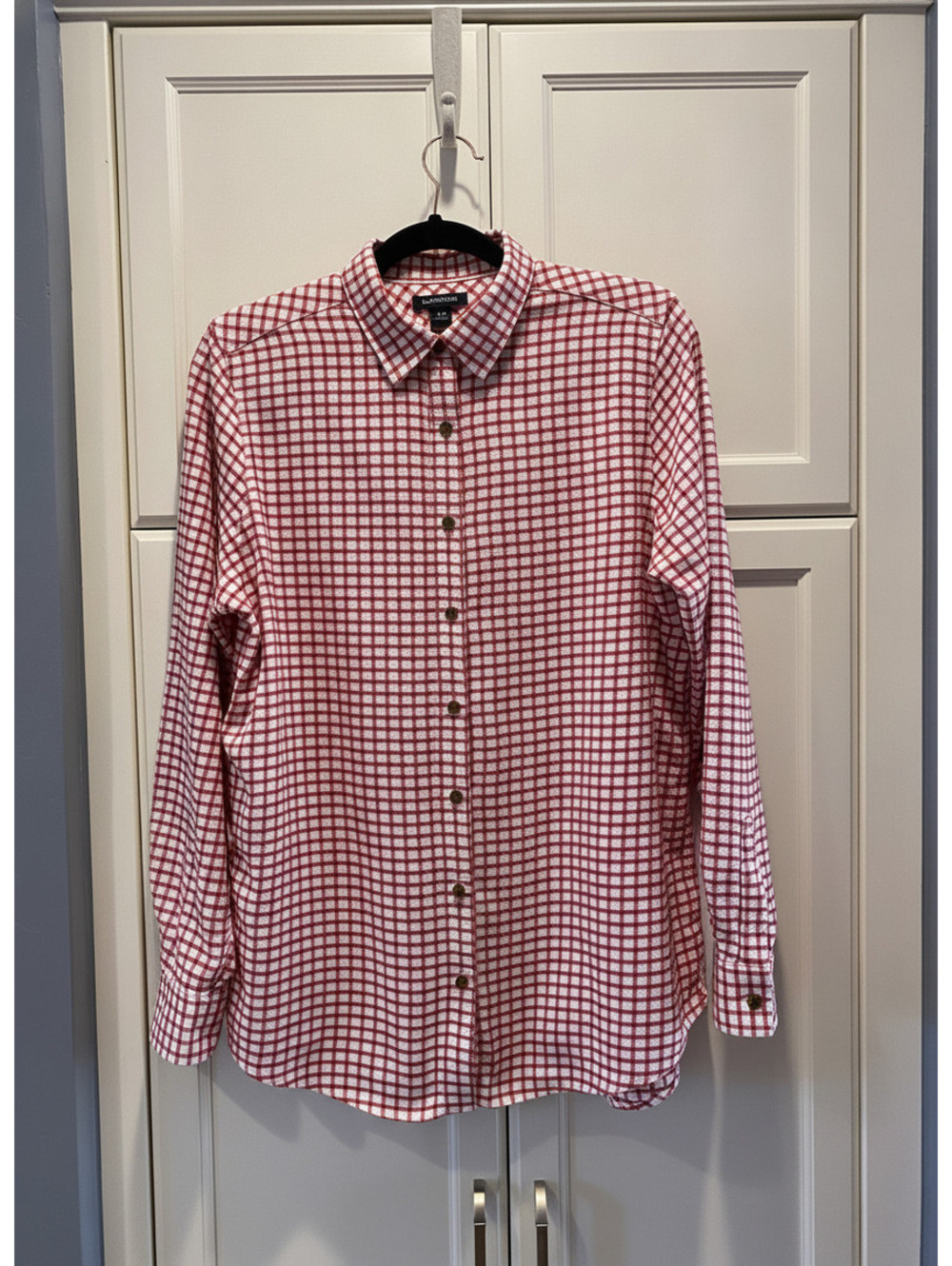 Land's End Women's Red and White checked long sleeve shirt